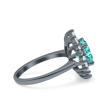 Art Deco Wedding Bridal Ring Baguette Round Black Tone, Simulated Paraiba Tourmaline CZ 925 Sterling Silver